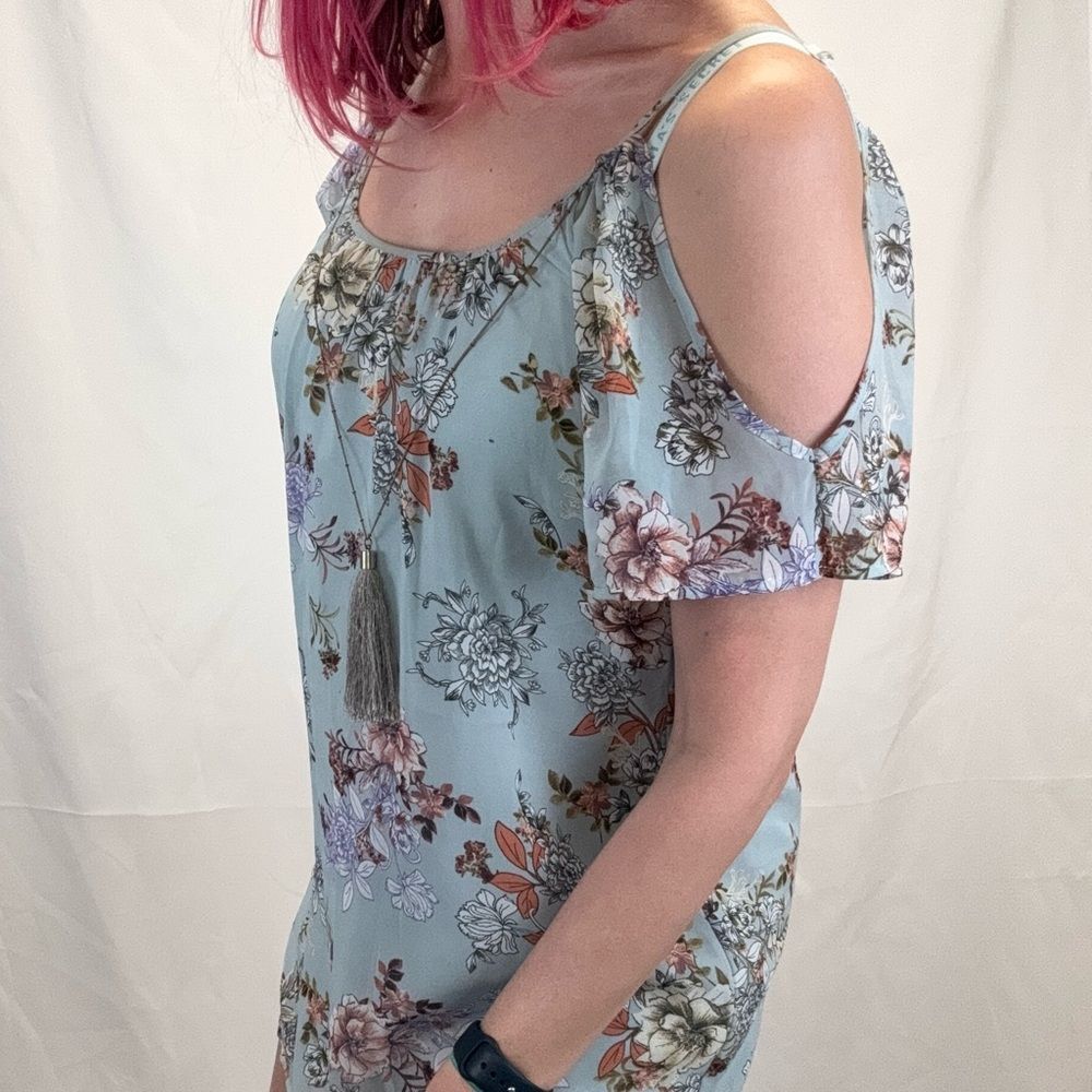 Bailey Blue Women's Floral Shift Dress Medium Light Blue Tassel Mini Summer